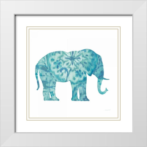 Boho Teal Elephant I White Modern Wood Framed Art Print with Double Matting by Nai, Danhui