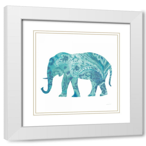 Boho Teal Elephant II White Modern Wood Framed Art Print with Double Matting by Nai, Danhui