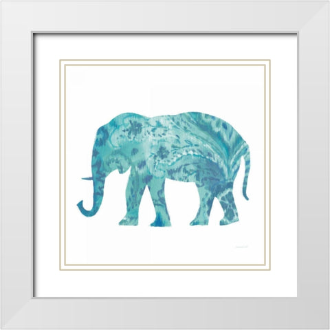 Boho Teal Elephant II White Modern Wood Framed Art Print with Double Matting by Nai, Danhui