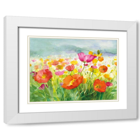 Meadow Poppies White Modern Wood Framed Art Print with Double Matting by Nai, Danhui