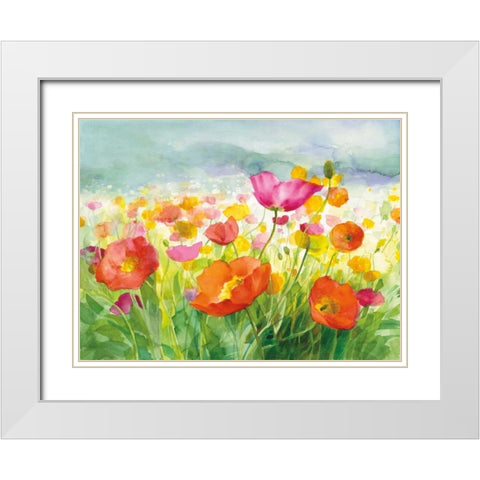 Meadow Poppies White Modern Wood Framed Art Print with Double Matting by Nai, Danhui