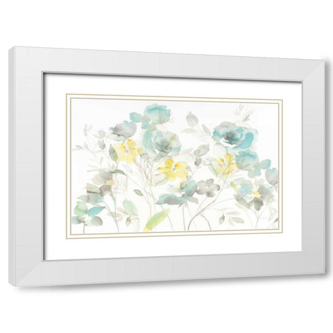 Aqua Roses Shadows White Modern Wood Framed Art Print with Double Matting by Nai, Danhui