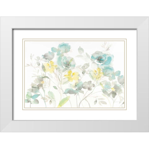 Aqua Roses Shadows White Modern Wood Framed Art Print with Double Matting by Nai, Danhui