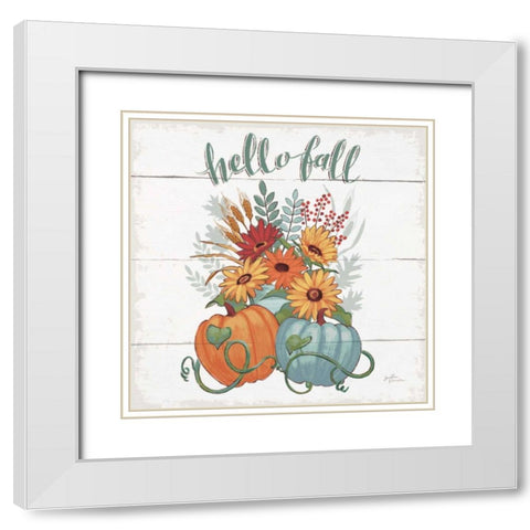 Fall Fun II - Gray and Blue Pumpkin White Modern Wood Framed Art Print with Double Matting by Penner, Janelle