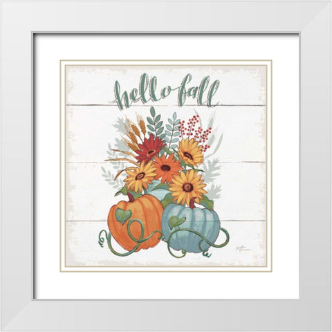 Fall Fun II - Gray and Blue Pumpkin White Modern Wood Framed Art Print with Double Matting by Penner, Janelle