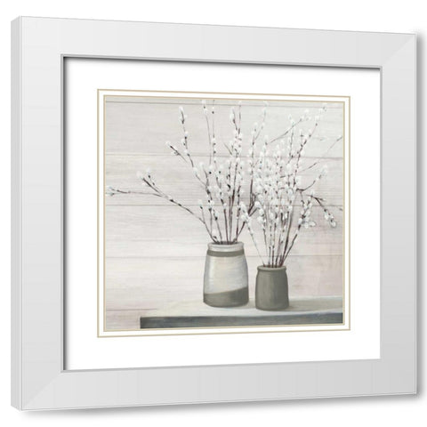 Pussy Willow Still Life Gray Pots Shiplap White Modern Wood Framed Art Print with Double Matting by Purinton, Julia