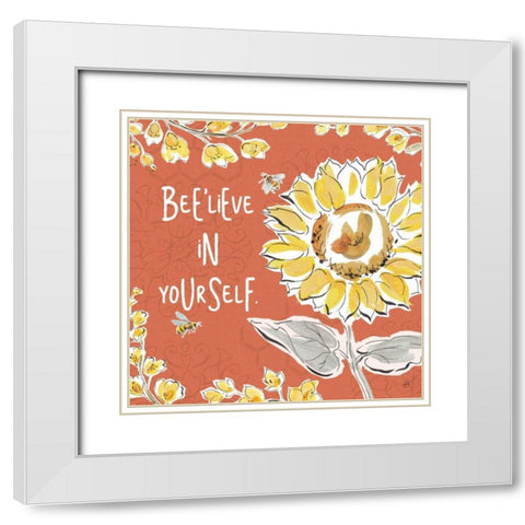 Bee Happy V Spice White Modern Wood Framed Art Print with Double Matting by Brissonnet, Daphne