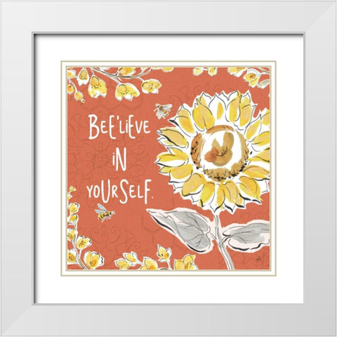 Bee Happy V Spice White Modern Wood Framed Art Print with Double Matting by Brissonnet, Daphne