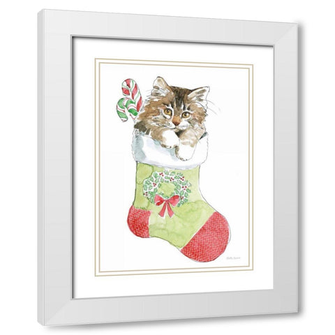 Christmas Kitties IV White Modern Wood Framed Art Print with Double Matting by Grove, Beth