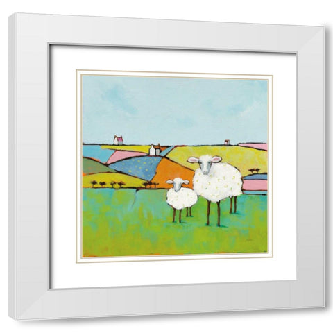 Sheep in the Meadow White Modern Wood Framed Art Print with Double Matting by Adams, Phyllis