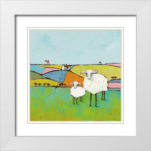 Sheep in the Meadow White Modern Wood Framed Art Print with Double Matting by Adams, Phyllis