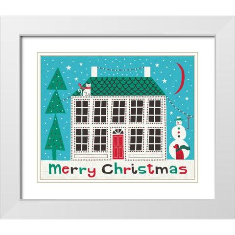 Jolly Holiday Home on Blue Merry Christmas White Modern Wood Framed Art Print with Double Matting by Mullan, Michael