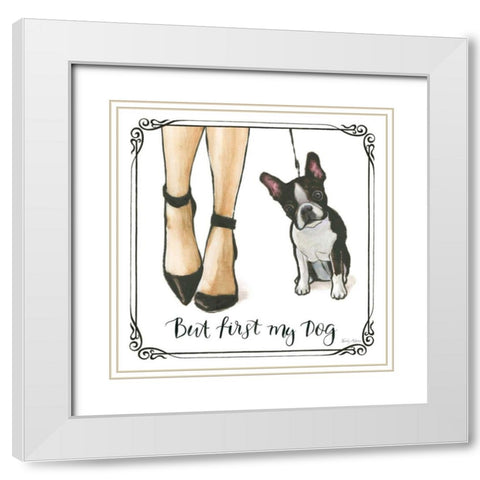 Furry Fashion Friends II But First White Modern Wood Framed Art Print with Double Matting by Adams, Emily