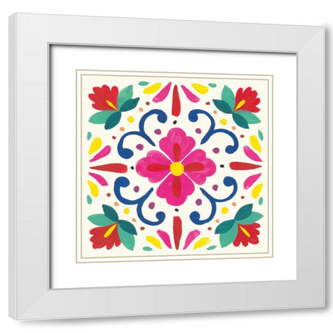 Floral Fiesta White Tile VII White Modern Wood Framed Art Print with Double Matting by Marshall, Laura