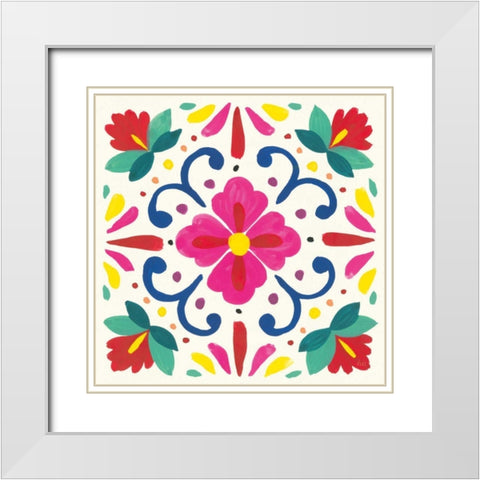 Floral Fiesta White Tile VII White Modern Wood Framed Art Print with Double Matting by Marshall, Laura
