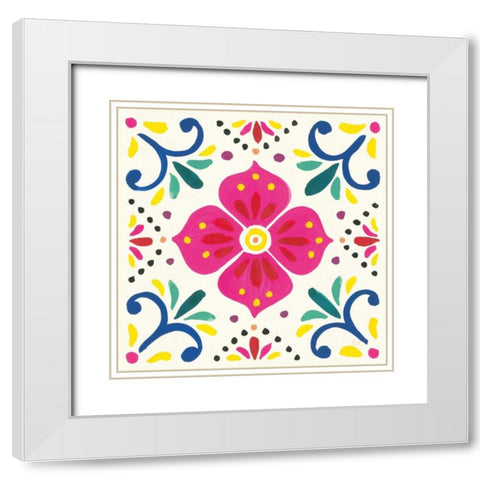 Floral Fiesta White Tile IX White Modern Wood Framed Art Print with Double Matting by Marshall, Laura