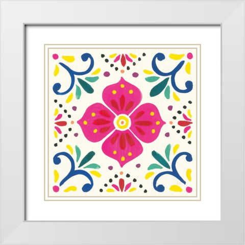 Floral Fiesta White Tile IX White Modern Wood Framed Art Print with Double Matting by Marshall, Laura