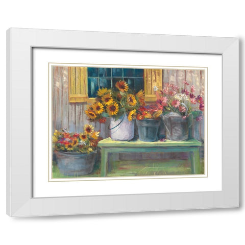 Green Bench White Modern Wood Framed Art Print with Double Matting by Rowan, Carol