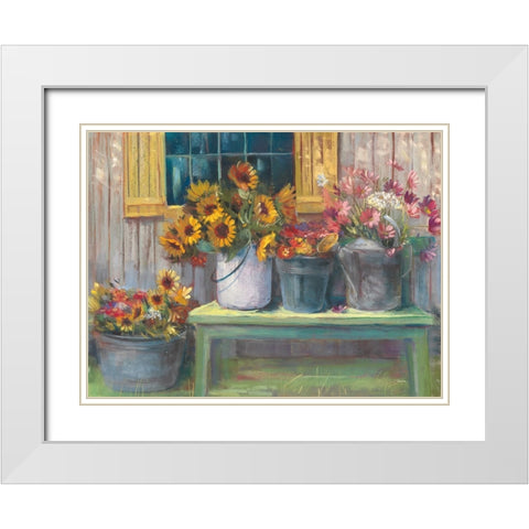 Green Bench White Modern Wood Framed Art Print with Double Matting by Rowan, Carol