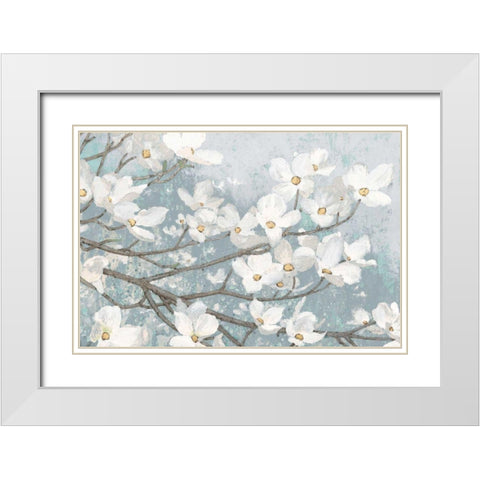 Dogwood Blossoms II Blue Gray Crop White Modern Wood Framed Art Print with Double Matting by Wiens, James