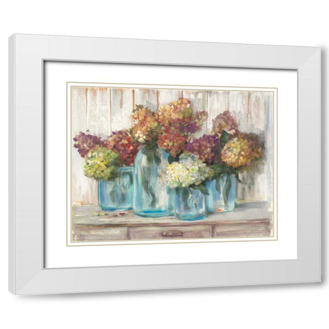 Hydrangeas in Glass Jars White Wood White Modern Wood Framed Art Print with Double Matting by Rowan, Carol