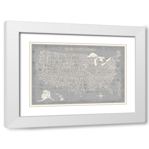Hand Lettered USA Map Gray White Modern Wood Framed Art Print with Double Matting by Mullan, Michael