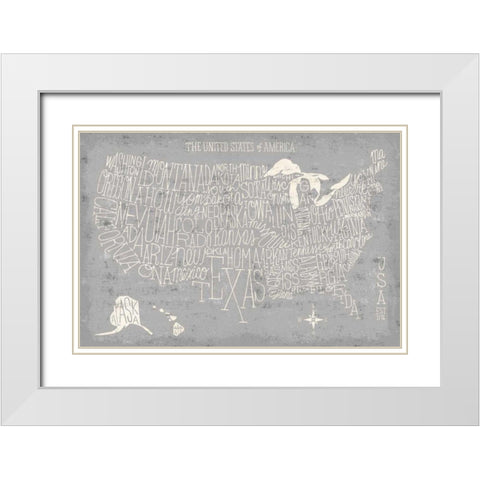 Hand Lettered USA Map Gray White Modern Wood Framed Art Print with Double Matting by Mullan, Michael