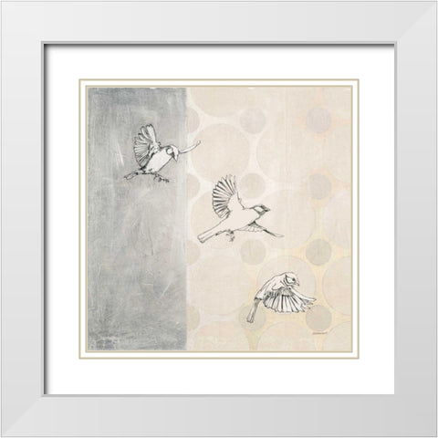 Sparrows Alighting White Modern Wood Framed Art Print with Double Matting by Lovell, Kathrine
