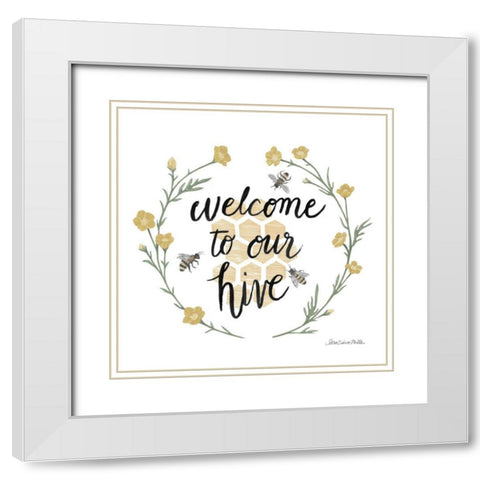 Happy to Bee Home III Welcome White Modern Wood Framed Art Print with Double Matting by Miller, Sara Zieve