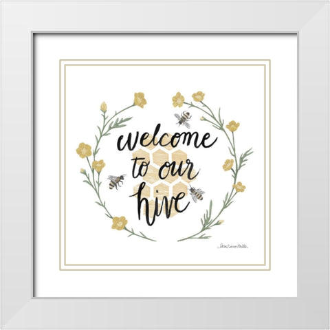 Happy to Bee Home III Welcome White Modern Wood Framed Art Print with Double Matting by Miller, Sara Zieve