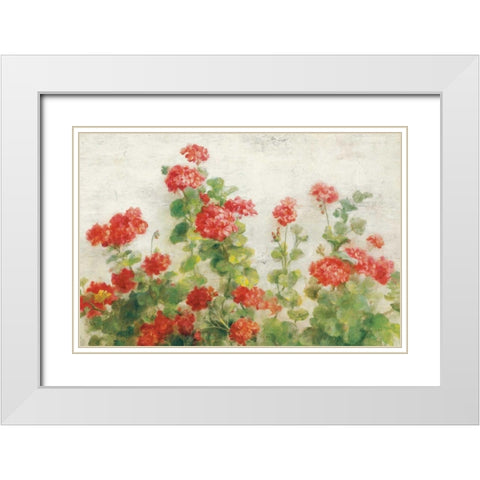 Red Geraniums on White v2 White Modern Wood Framed Art Print with Double Matting by Nai, Danhui