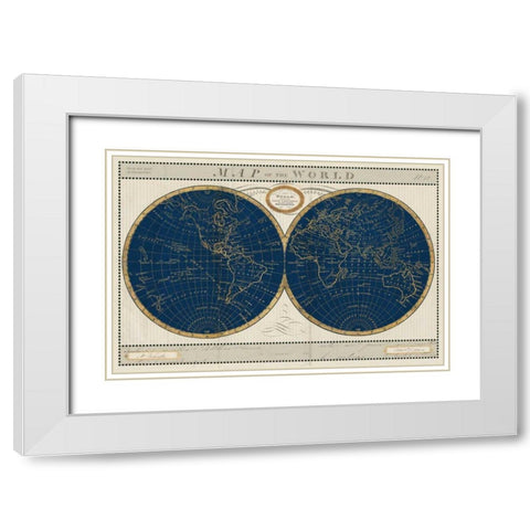 Torkingtons World Map Indigo Globes White Modern Wood Framed Art Print with Double Matting by Schlabach, Sue