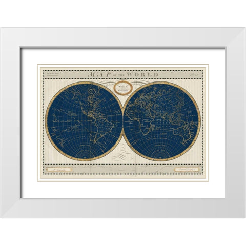 Torkingtons World Map Indigo Globes White Modern Wood Framed Art Print with Double Matting by Schlabach, Sue