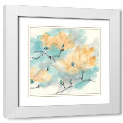 Teal Buds I White Modern Wood Framed Art Print with Double Matting by Paschke, Chris