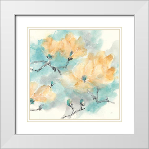 Teal Buds I White Modern Wood Framed Art Print with Double Matting by Paschke, Chris