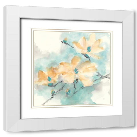 Teal Buds II White Modern Wood Framed Art Print with Double Matting by Paschke, Chris