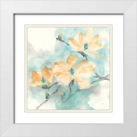 Teal Buds II White Modern Wood Framed Art Print with Double Matting by Paschke, Chris