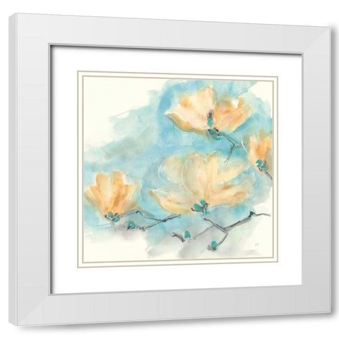 Teal Buds III White Modern Wood Framed Art Print with Double Matting by Paschke, Chris