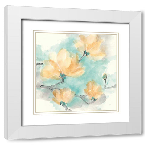 Teal Buds IV White Modern Wood Framed Art Print with Double Matting by Paschke, Chris