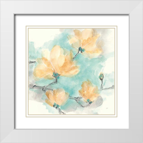 Teal Buds IV White Modern Wood Framed Art Print with Double Matting by Paschke, Chris