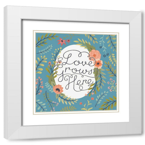 Retro Garden II - Love Grows Here Blue White Modern Wood Framed Art Print with Double Matting by Penner, Janelle