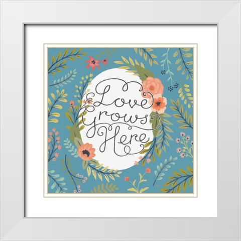Retro Garden II - Love Grows Here Blue White Modern Wood Framed Art Print with Double Matting by Penner, Janelle