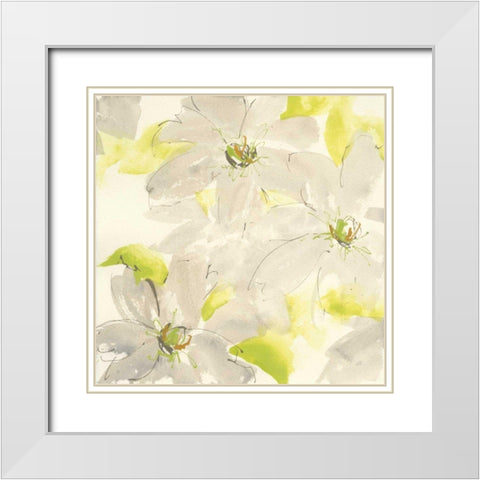 Dancing Clematis I White Modern Wood Framed Art Print with Double Matting by Paschke, Chris