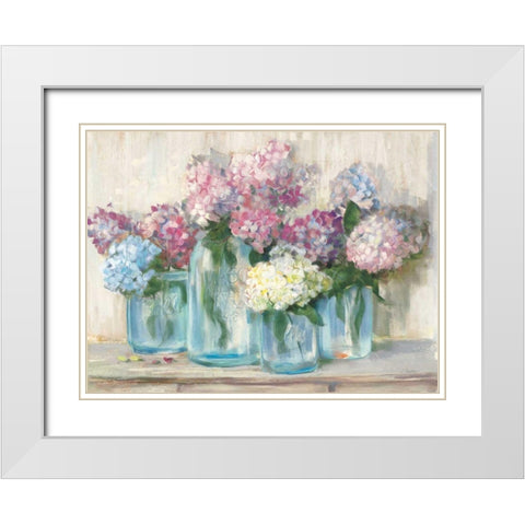 Hydrangeas in Glass Jar Pastel Crop White Modern Wood Framed Art Print with Double Matting by Rowan, Carol