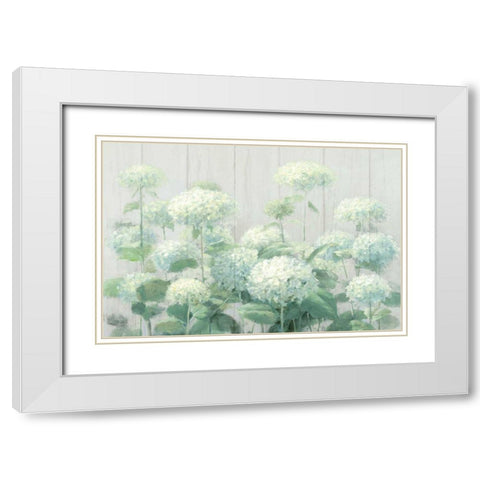 White Hydrangea Garden Sage on Wood Crop White Modern Wood Framed Art Print with Double Matting by Nai, Danhui