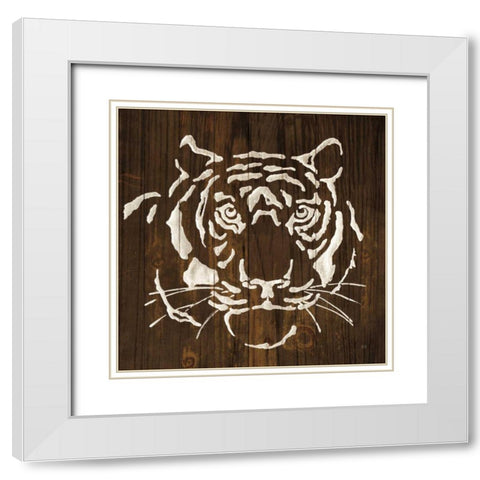 White Tiger on Dark Wood White Modern Wood Framed Art Print with Double Matting by Paschke, Chris