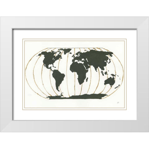 World Map Gold Lines White Modern Wood Framed Art Print with Double Matting by Paschke, Chris