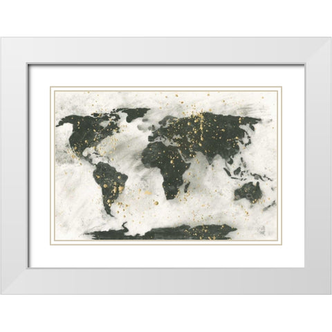 World Map Gold Speckle White Modern Wood Framed Art Print with Double Matting by Paschke, Chris