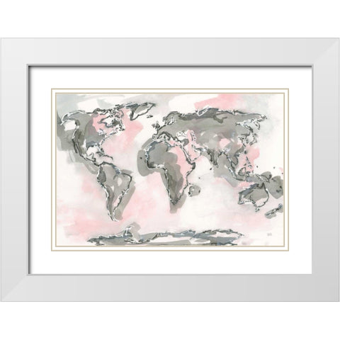 World Map Blush White Modern Wood Framed Art Print with Double Matting by Paschke, Chris