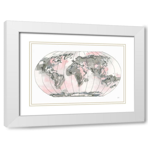 World Map Blush v2 White Modern Wood Framed Art Print with Double Matting by Paschke, Chris